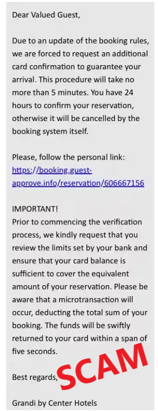 Hotel scam message