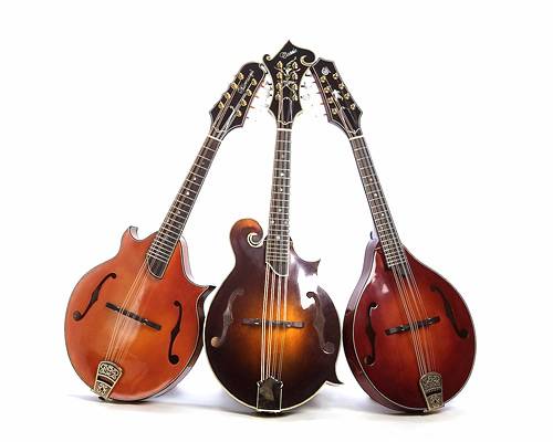 3 wooden mandolins on a white background 