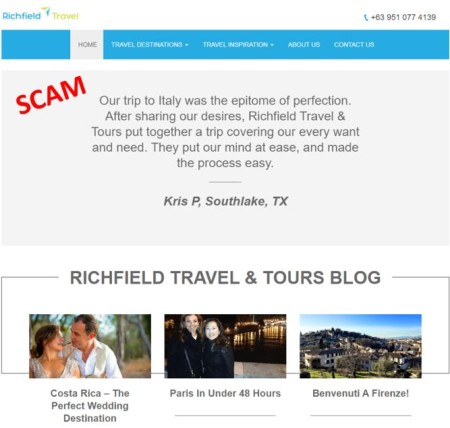 Screenshot of fake travel website