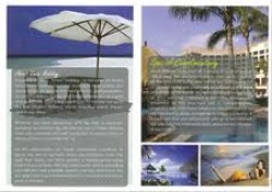 Pages of the Vmac pamphlet showing white beaches and with wooden chairs and white beach umbrella as well as shots of a resort overlooking a pool 