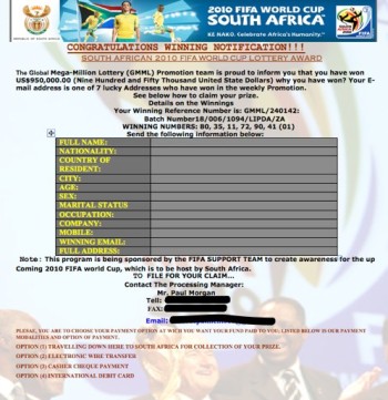 An example of a page from the FIFA scam with pictures of the south African Flag and Athletes as well as the FIFA logo