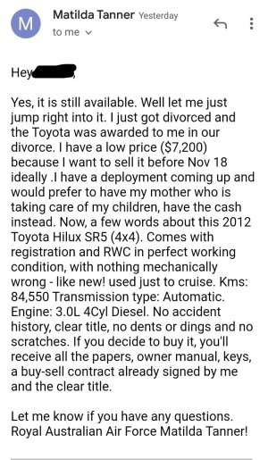 Divorce used car scam - message 1