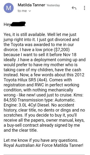 Divorce used car scam - message 1