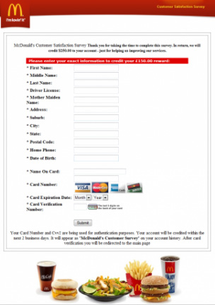 A picture of the McDonalds Phishing Scam form in color with the McDonalds official logo