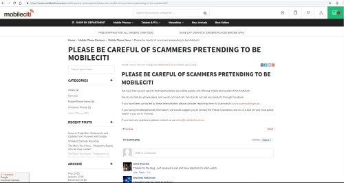 screenshot of mobileciti web page warning customers against scammers
