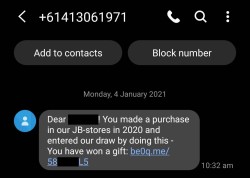 20210105 - JBHIFI scam - text message - redacted