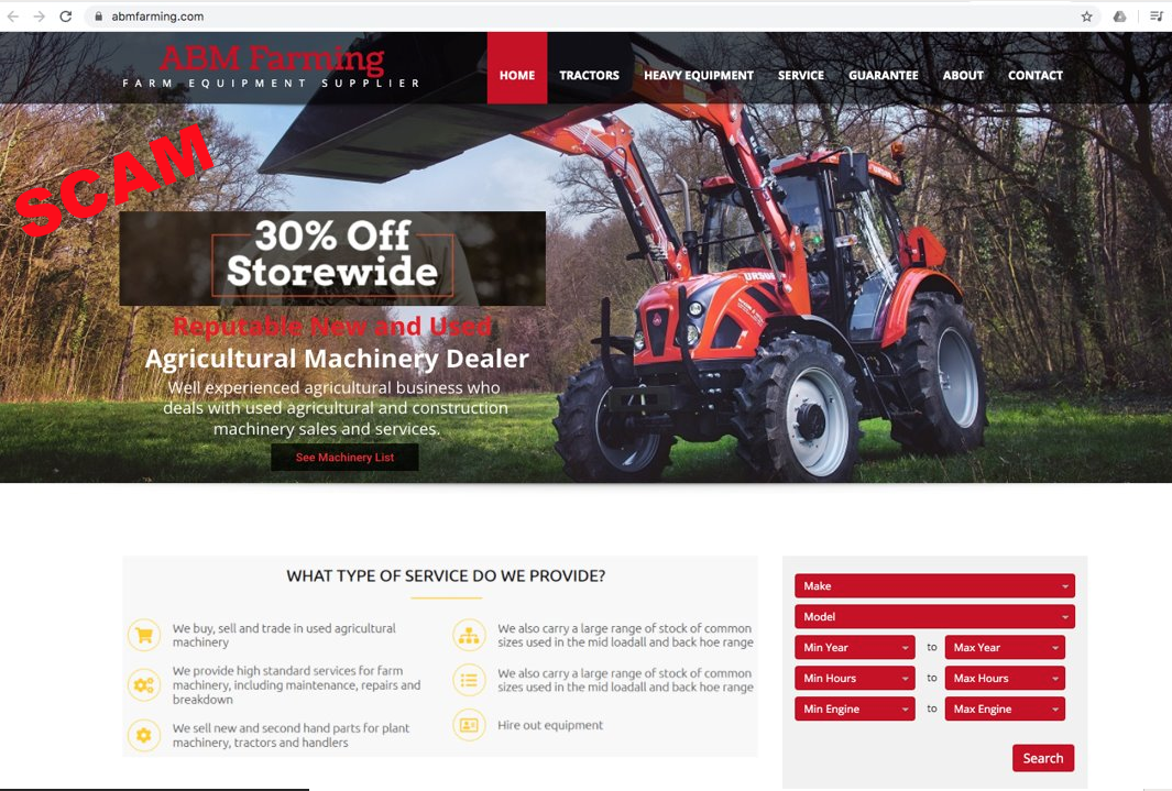 screenshot of fake farm machinery website