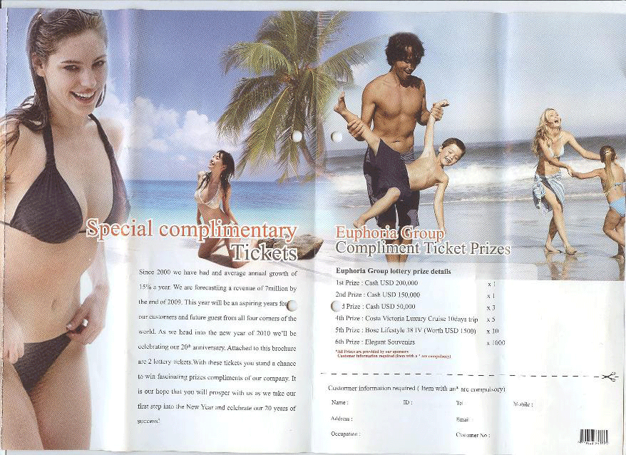 Part of the Euphoria pamphlet ( young people in bathers playing on the beach under palm trees)