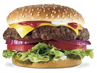 A hamburger with cheese and salad on a white background 