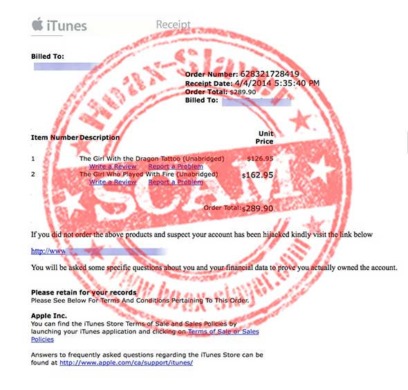 Fake iTunes receipt phishing email