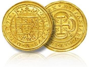 Two gold Spanish coins on a white background