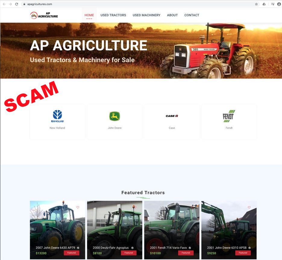 screenshot of fake farm machinery website