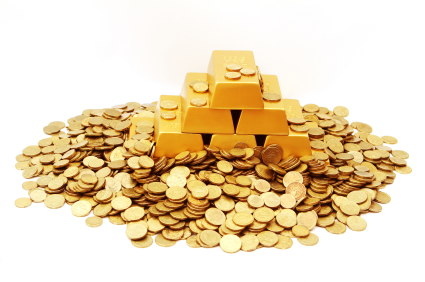 A pile of gold coins and gold bars on a white background