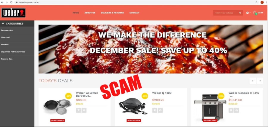 screen shot of fake Weber bbq web page
