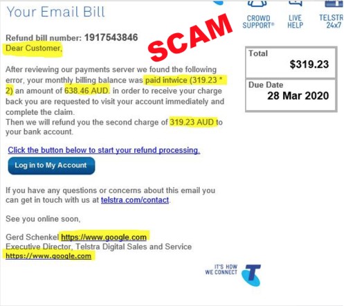 image of scam Telstra bill email