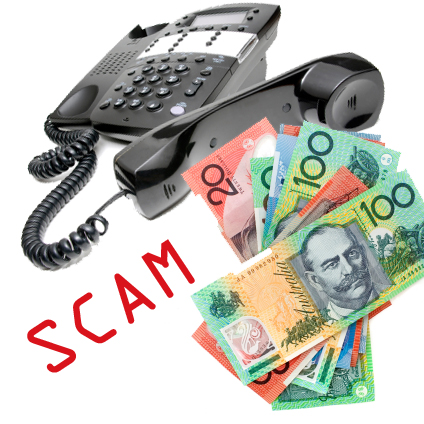 A black phone with the word Scam written in red and a pile of Australian money next to it.