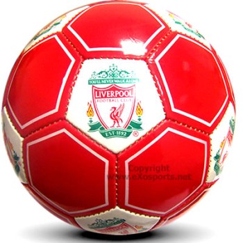 A soccer ball with Liverpool football branding on it