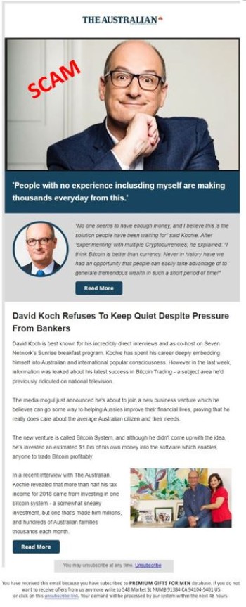 screenshot of fake new article with fake David Koch endorsement screenshot of fake new article with fake David Koch endorsement