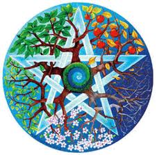 A pentagram with trees showing different seasons wound into it 