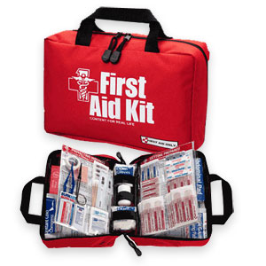 Two first aid kits, one closed, one open