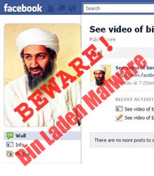 A face book page for Bin Laden with the word “Scam” written across it in red.
