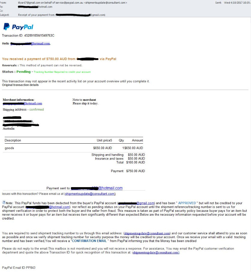 Fake PayPal receipt