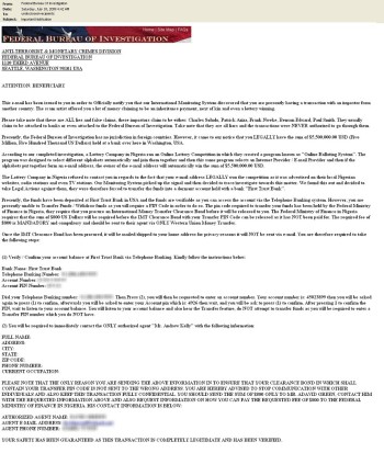 An example of an FBI scam email with the FBI logo in it.