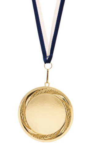 A gold medal on a blue and white ribbon