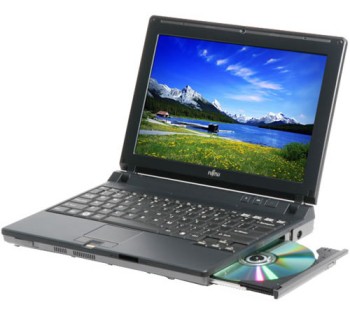 A laptop computer with an open CD drive (with a CD in it); the screen has an image of a mountain scene. 